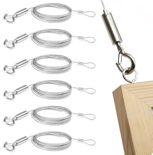 6 corde in acciaio con occhielli e ganci, fune metallica regolabile, in acciaio inox, 2 m x 1,5 mm, corda in acciaio inox, per appendere specchi, lampade e opere d'arte, max 30 kg