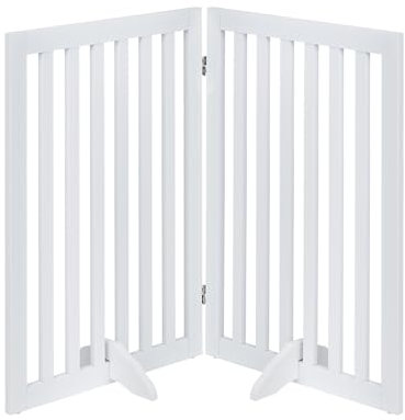 unipaws 91 cm H Free Standing Pet Gate for Dogs and Cats, Wooden Dog Gates for Doorway, Stairs, Dog Room Divider, Step Over Foldable Pet Fence for The House, Expandable Barrier, Indoor Use, White
