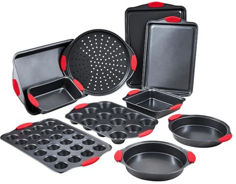 VEVOR Set 10 Teglie da Forno Antiaderenti in Acciaio al Carbonio, Teglie Vassoi da Forno Impilabili Manici in Silicone, Set di Teglie da Forno per Cucina Pasticceria Biscotti Torte Muffin, Pane, Nero