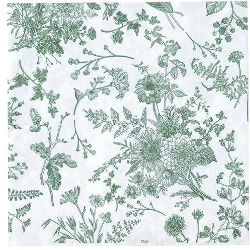 RUSPEPA 25Pcs Green Floral Guest Napkins - Green and White Toile Paper Napkins for Bridal and Baby Shower, Tea Party, Garden Party, Birthday Party - (12.7x12.7cm) 5 x 5 in
