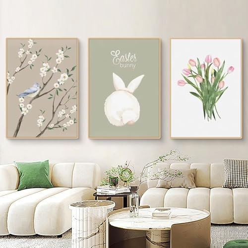 Ueiwffzo Bilder Kinderzimmer 3er Set, Premium Kaninchen Blumen Poster Set, Wandbilder Kinderzimmer für Babyzimmer Deko Mädchen Jungen, Ohne Rahmen (21x30cm)