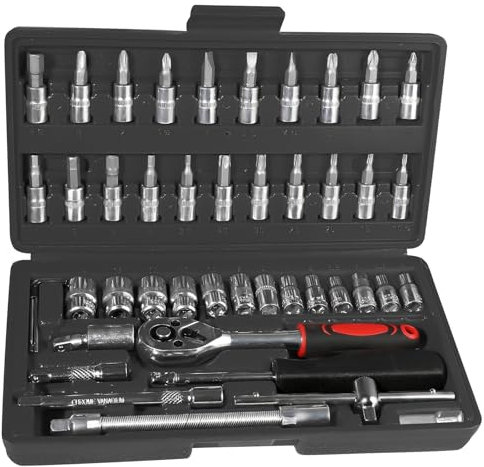 Camiraft 46Pcs Socket Wrench Set, 1/4'' Drive Socket Wrench Driver Bits Set Metric Tool Kit with Flexible Extension Rods, Quick Release Reversible Ratchet, Wrench Handle for Car Repair