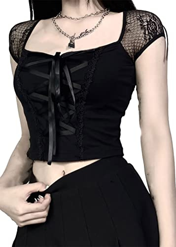 YINGWIN Women's Gothic Floral Mesh Crop Tops Square Neck Short Sleeve Y2K Slim T-Shirt Lace Casual Alt Blouse