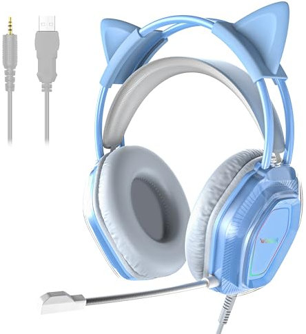 Wantak Auricolari Gaming con Microfono – Cuffie a Forma di Orecchie di Gatto (Cavo 3.5mm/USB) – Per PC/PS5/Xbox – Cancellazione del Rumore, Audio HiFi 20-20.000Hz – Leggeri e Comodi per Ragazze (Blu)