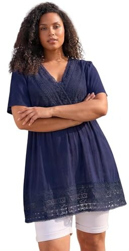 Roman Curve Lace Trim Stretch Top for Women UK - Ladies Everyday Holiday Spring Summer V-Neckline Comfy Soft Evening Vacation Work Party - Navy Plus - Size 2224