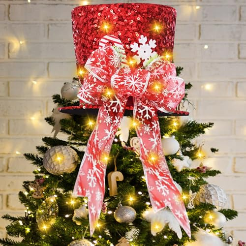 Christmas Tree Topper with 20 Warm Lights,26CM Large Red Velvet Xmas Tree Top Hat with Ribbon, Candy Cane Tree Topper,Snowman Christmas Tree Decoration for Holiday Home Ornaments Decor(Red)