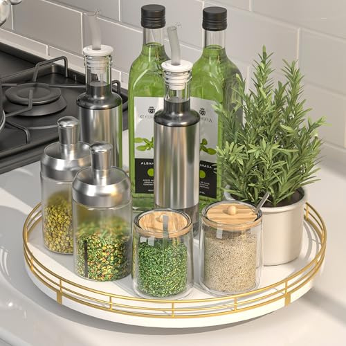 Oroyutor 12-Inch White Wooden Lazy Susan Spice Organizer with Gold Rail | Rotating oak tray organizes spices, toiletries and decor on kitchen counters, bathroom vanities, dining and coffee tables.