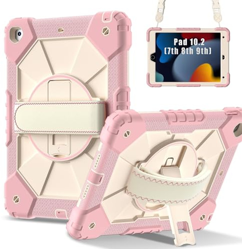 Sac pour tablette PC, étui For iPad 9th/8th/7th Generation 10.2 Inch 2021/2020/2019 Tablet PC Case Hybrid Silicone PC Cover with 360° Rotating Stand,Anti-Scratch Shoulder/Wrist Straps(Pembe)