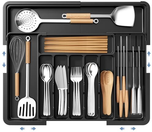 Axrye Cutlery Drawer Organiser, Adjustable Utensil Kitchen with 2 Removable Knife Blocks 6-9 Slots Expandable Cooking Drawer Storage Organiser 33-53cm/13-21inch Flatware Tray for Spoons Forks Knives