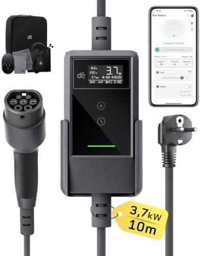 dé Typ 2 Ladekabel Schuko mit APP 3,7kW 10m, 6-16A einstellbar, schwarz | Plug & Play, LCD-Display, IP66, RCD Typ A 30mA AC+6mA DC integrierter, Ladekabel typ 2 schuko für EV/PHEV,