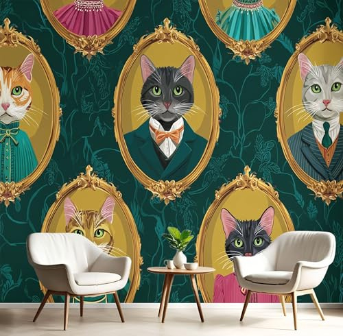 Fototapete Schlafzimmer Tiere Porträts Kleider Katzen 3D Druck Vliestapete, ‎150x105cm (B×H) Wandtapete Wandbilder, für Wohnzimmer, Kinderzimmer, TV Hintergrund Smaragd Tapete