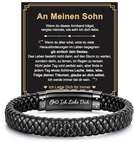 FLHEART Lederarmband Geschenke für Männer Papa Vatertagsgeschenk - Schwarz Leder Armband Herren Gravur Ich Liebe Dich für Mann Sohn Papa, Männer Armband Geschenke für Vatertag Geburtstag