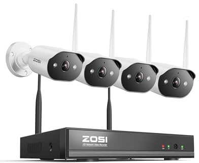 ZOSI Set di telecamere di sorveglianza 2K per esterni, Wi-Fi con 4 telecamere IP WiFi da 3 MP, audio a 2 vie, allarme Spotlight, visione notturna, IP66, impermeabile, nessun disco rigido incluso