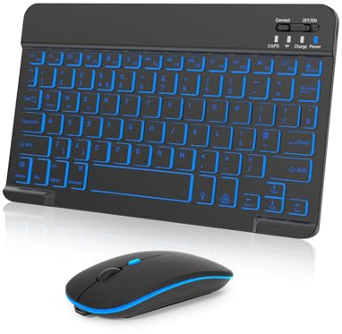 kantaj Backlit Bluetooth Keyboard and Mouse Set for iPad/Samsung/Tablets | UK layout, Rechargeable Wireless Keyboard and Mouse, Ultra-Slim, Portable Design, 7-Color keyboard for iOS/Android, Black