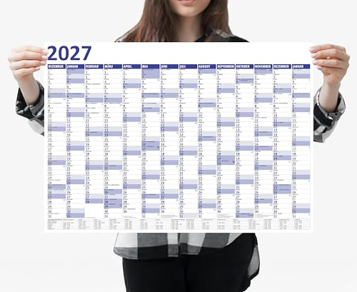 MARZEI24® Din A2 Wandkalender 59,4 cm x 42 cm für 2027 Kalender Planer B4 | Mengenrabatt, 14 Monate, Papier: 135 g/m², Kalenderwochen, Schulferien, Gefaltet auf Din A4, Feiertage, Jahresplaner, Termine