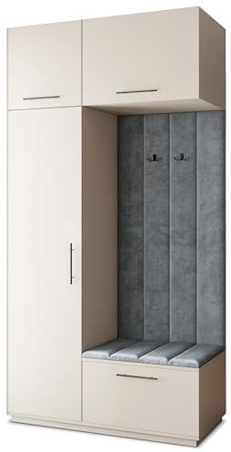 Masseno Flugarderoben Set Rema, Kleiderschrank-Set mit Sitzbank, Garderobenschrank Flur mit 5 Regalböden, Kaschmir