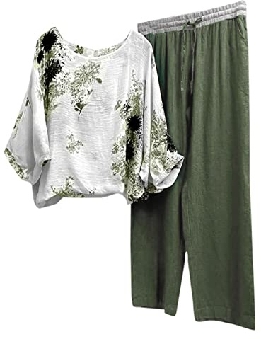 Husdräkt dam linne lätt S-2XL, hemmakläder 2 set med tryck mode | 2-delad lounge dam mjuk oversize loungewear rund hals fritidsoverall elastisk midja pullover vintage fritid kostym