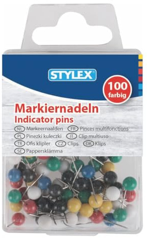 100 Stylex Markiernadeln farbig sortiert in wiederverschließbarer Kunststoffschachtel