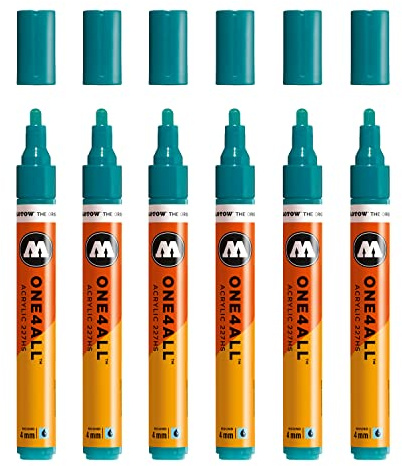Molotow One4All 227HS Acryl Marker (4,0 mm Strichstärke, hochdeckend und permanent, UV-beständig, für fast alle Untergründe) 6 Stück Farbe 206 lagunen blau