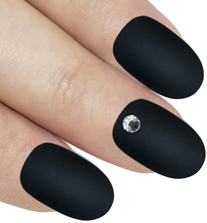 Faux Ongles Bling Art Noir Mat Ovale 24 Moyen Faux bouts d'ongles acrylique avec colle