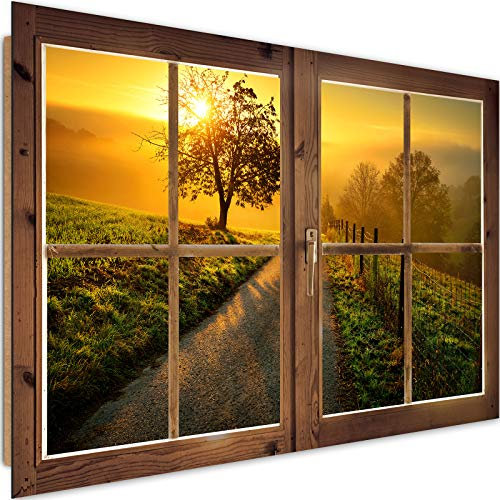 Feeby Cuadro Decorativo Ventana Falsa 60x40 cm 1 Pieza Modernos Impresión Artística Calidad Fotografica Imagen Decoración de Pared Salon Dormitorio Cocina Oficina Pasillo Atardecer Paisaje Naranja