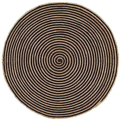 vidaXL Teppich Handgefertigt mit Spiralen-Design Wohnzimmerteppich Jute Teppich Kurzflor Handwebteppich Naturteppich Geflochten Schwarz 120 cm