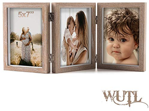 5x7 Triple Hinged Picture Frames Shadow Box MDF Wood Grain with Real Glass 3 Vertical Opening Family Lover Gift