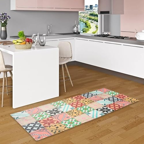 Pergamon Vinyl Teppich Küchenläufer Evora Mosaik Fliesenoptik Bunt in 2 Größen