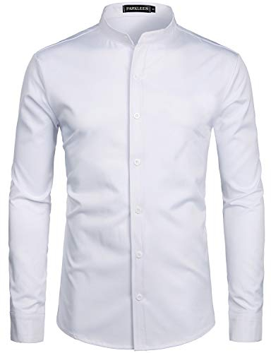 PARKLEES Chemise à manches longues pour homme - Couleur unie - Coupe ajustée - Facile à repasser - Col montant - Pour affaires - Loisirs, Blanc pur., XL
