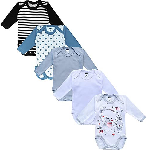 MEA BABY Unisex Baby Langarm Body aus 100% Baumwolle im 5er Pack, Baumwollbody für Babys mit Aufdruck, Langarm-Babybody für Mädchen und Jungen (98, Jungen 2)