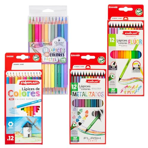 Starplast 48 LÁPICES DE COLORES BÁSICOS Y ESPECIALES Set de 12 lápices de colores básicos y 36 colores especiales, para dibujo artístico, para colorear. Uso escolar y artístico.