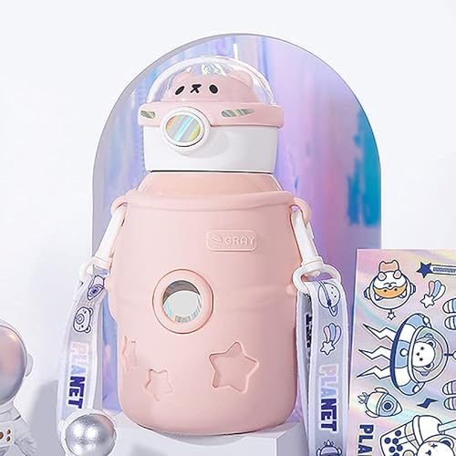 TIAASTAP Kawaii Water Bottle with Straw, 500ml Portable Stainless Steel Insulated Water Bottle with Sticker, Large Cute Astronaut Bear Water Bottles for School, Gym, Travel, Picnic etc (A02 Pink)