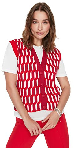 TRENDYOL Damen V-neck, Chequered Regular Knitted Vest Sweater, Fuchsia, M EU
