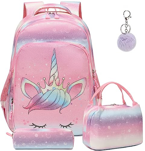 Kimwadalh Mochila Niña Escolar Mochila Niña Primaria Mochila Infantil Unicornio Glitter Backpack Sets de Mochila Escuela Chica Multicolor Mochila para niñas