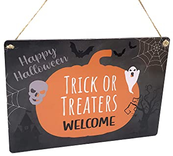 OriginDesigned Happy Halloween Trick Or Treaters Welcome - Placa para puerta | Señal colgante al aire libre | Decoración