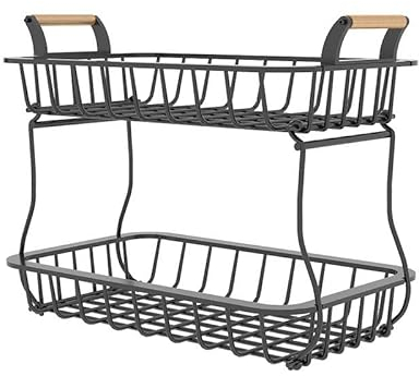 Lechnical 2 Tier Fruit Storage Basket Kitchen Countertop Organizer with Wooden Handle Mesh Carbon Steel Bowl for Bread Vegetable Fruit Basket Detachable Metal Rectangular Wire Basket
