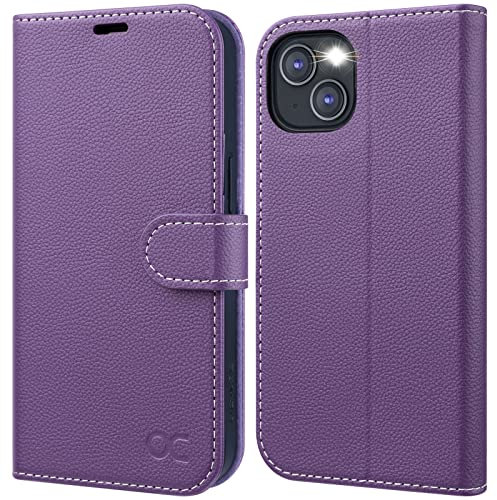 OCASE for iPhone 13 Wallet Case, Premium PU Full Non-Slip Flip Phone Shockproof Cover with[RFID Blocking][Card Holder][TPU Inner Shell] 6.1 Inch,Purple Litchi