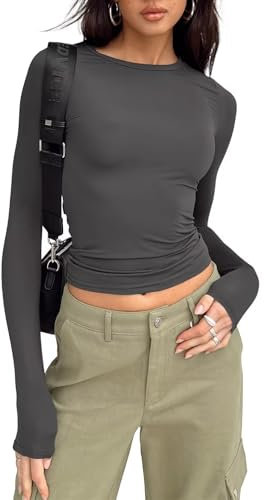 LACOZY Womens 2024 Round Neck Long Sleeve Shirt Skinny Dupes Tee Shirt Casual Y2K Workout Crop Top Deep Grey S