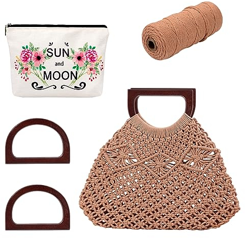 Makramee Tasche DIY Kit Boho Makramee Handtasche Making Kit Handgefertigte Strandtasche Inklusive Holzgriff und Baumwollschnur 100M für Erwachsene Anfänger