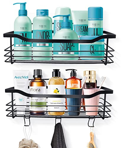 Mensola Doccia Senza Foratura Portaoggetti Doccia: 2pcs Set Organizer Bagno Parete Shampoo Accessori Doccia - Muro Shelf Shower in Acciaio inox con Adesivo & 4 Ganci per Spugne Rasoi Shampoo - Nero