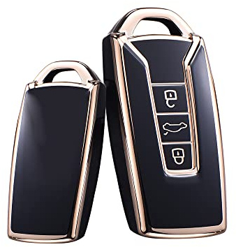 HIBEYO Intelligente Autoschlüssel Hülle passt für VW Touareg 2018 2019 2020 2021 2022 Schlüsselhülle Silikon Schutzhülle für Volkswagen Touareg Schlüsseletui Shell Jacket Protector-Gold Schwarz