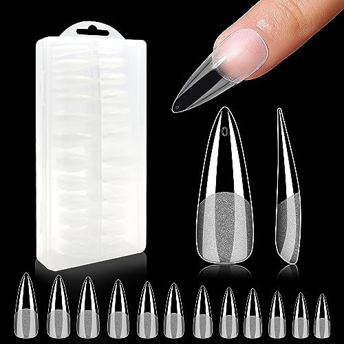 240Pcs Nail Tips, Half Matte Full Cover Gel Tips, 12 Sizes No File Required with Box, False Nails for Acrylic Press-On Extensions (Long Stiletto, 1 ml (Pack of 1))