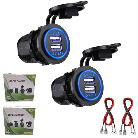 Auto USB Steckdose, 2 Stück Kfz Ladegerät Buchse 12V/24V Wasserdicht Dual USB Kfz Ladebuchse mit 23,6-Zoll-Kabel Doppelte Ladeanschlüsse für 12-V-Auto-Wohnmobil-Boot-Wohnmobil-Motorrad-Mobil