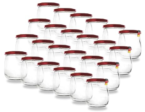 Flaschenbauer 417ml Premium Einmachgläser, 24 x vielseitige Konservengläser mit TO82 Twist-Off Deckel, inklusive Etiketten - für Marmeladen, Honig, Obst, Gemüse - Diverse Farben & Sets [Dunkelrot]