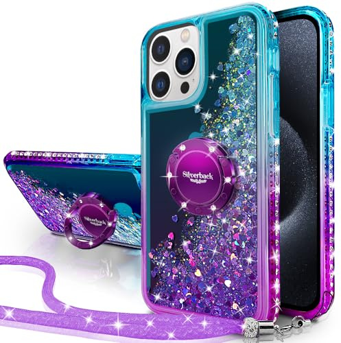 Silverback for iPhone 15 Pro Max Case, Liquid Holographic Sparkly Glitter Case with Stand and Lanyard, Women Girls Bling Diamond Ring Shockproof Protective Cover for iPhone 15 Pro Max 6.7''- Purple