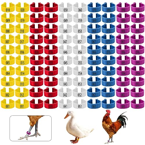 KINBOM 100 Stück Hähnchen Beinringe, 5 Farben Hähnchenschenkel Ring Clip Nummerierte Geflügel Fußringe Hähnchenschenkel Bänder Hühnerfuß Tags für Enten, Tauben, Meergans, Geflügel (20 mm)