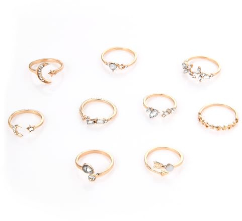 TIESOME 9 Stück Vintage Gold Knuckle Ringe Set,Boho Midi Ringe für Frauen Stern und Mondring mit Strasssteinen Stapelring Vintage Midi Ringe für Damen Herren Mädchen