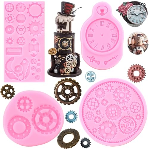 RFGHAC Steampunk Gear Silikonformen Vintage Uhr Fondant Formen für Zucker Kuchen Dekorieren Cupcake Topper Süßigkeiten Schokolade Gummipaste Polymer Clay 4 Stück