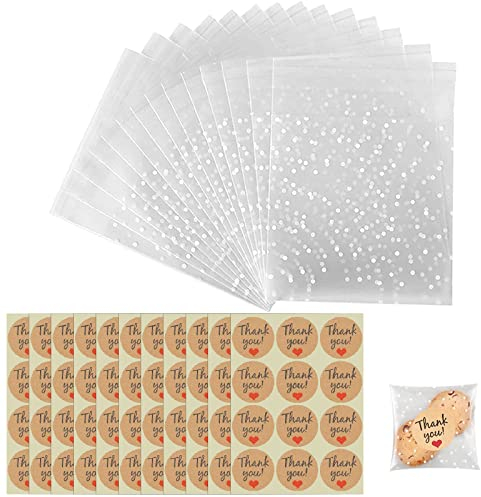 100 Cellophantüten Klein, Plätzchentüten Süßigkeiten Tüten mit 120pcs Danke Aufkleber Plätzchen Transparent Kleine Zellophantüten Tüten Geschenktüten für Süssigkeit Lebensmittel Süße Kekse（10X15cm ）