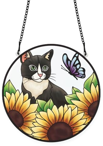 PLIGREAT Katze Sonnenblume gebeizt Sonnenfänger Fenster Wandkunst hängendes Ornament gemalt Bunte Schmetterlinge Acrylglas Tafel Handwerk für Gartenhaus Innen- und Außenhängedekorationen
